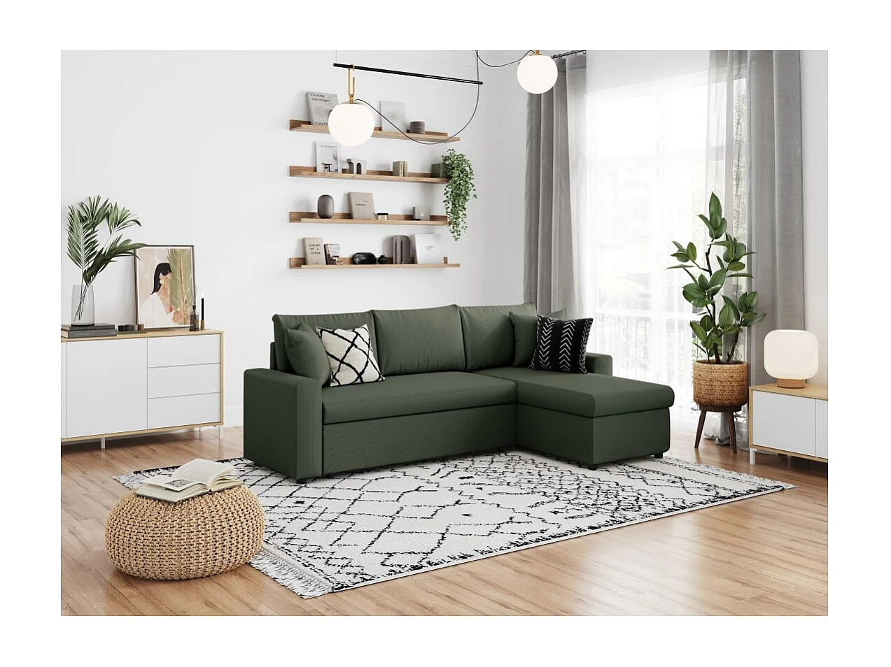 Canapé d'angle 3 places convertible réversible Maria en velours côtelé avec coffre - Vert foncé - L227 x P146 x H81cm - Loungitude