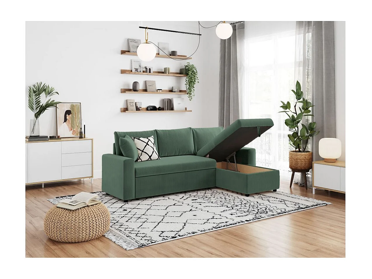 Canapé d'angle 3 places convertible réversible Maria en velours côtelé avec coffre - Vert foncé - L227 x P146 x H81cm - Loungitude