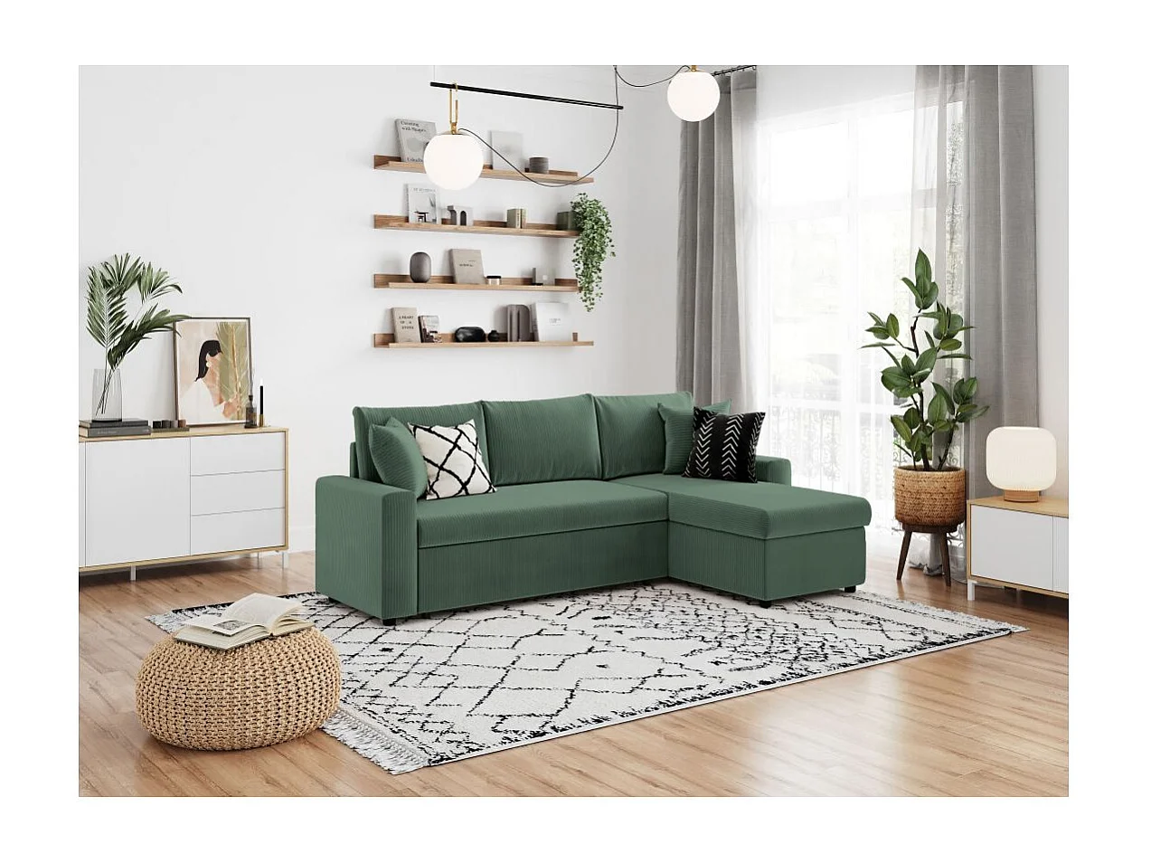 Canapé d'angle 3 places convertible réversible Maria en velours côtelé avec coffre - Vert foncé - L227 x P146 x H81cm - Loungitude