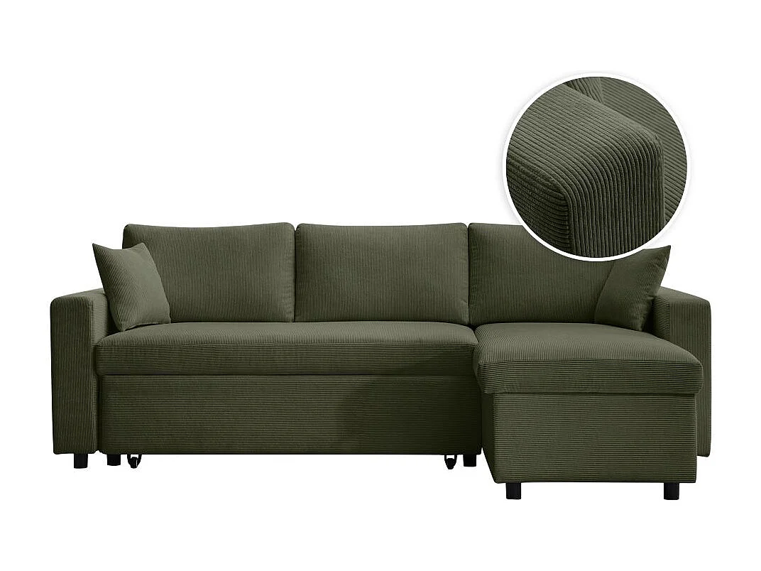 Canapé d'angle 3 places convertible réversible Maria en velours côtelé avec coffre - Vert foncé - L227 x P146 x H81cm - Loungitude