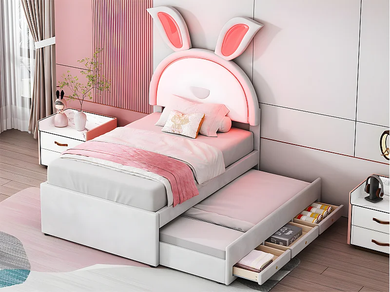 Lit enfant 90x200cm en velours - lit gigogne avec 3 tiroirs et lumières LED colorées - Beige