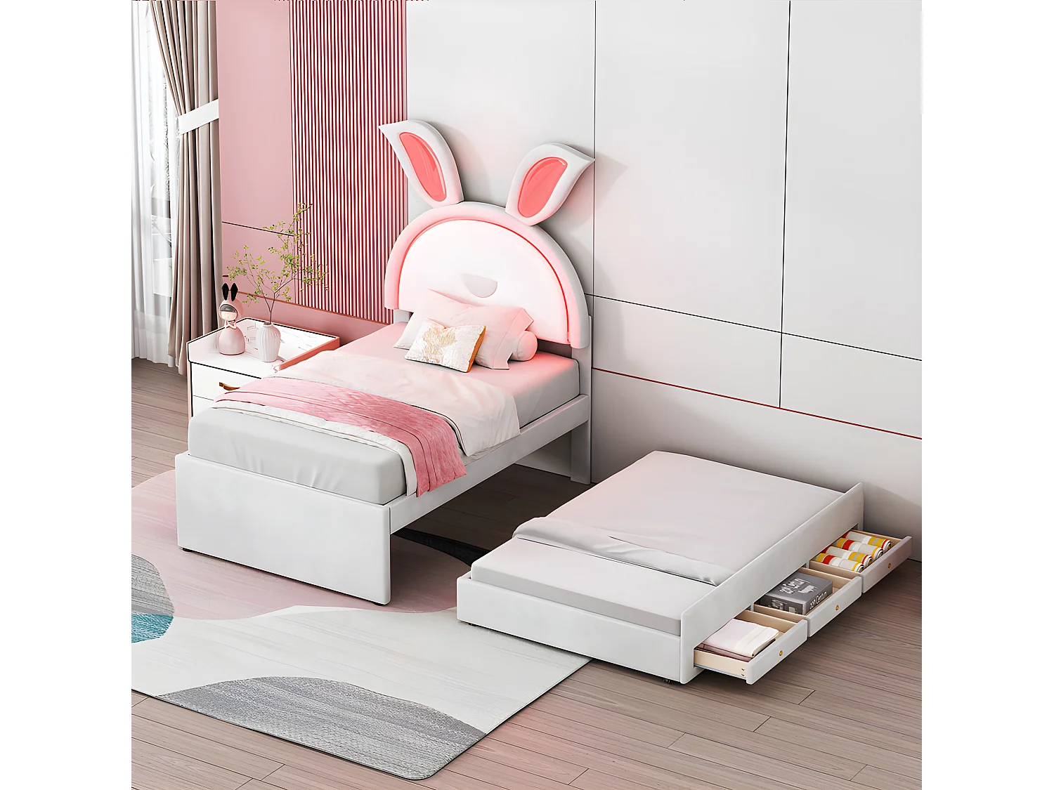 Lit enfant 90x200cm en velours - lit gigogne avec 3 tiroirs et lumières LED colorées - Beige