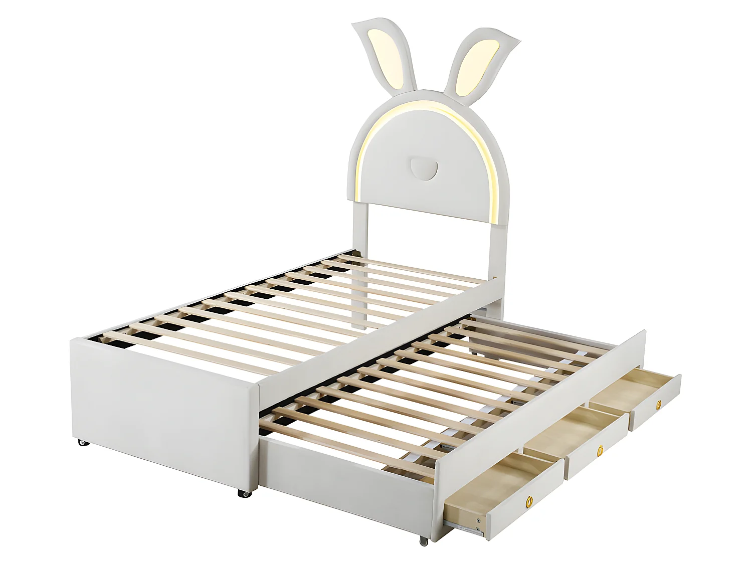 Lit enfant 90x200cm en velours - lit gigogne avec 3 tiroirs et lumières LED colorées - Beige