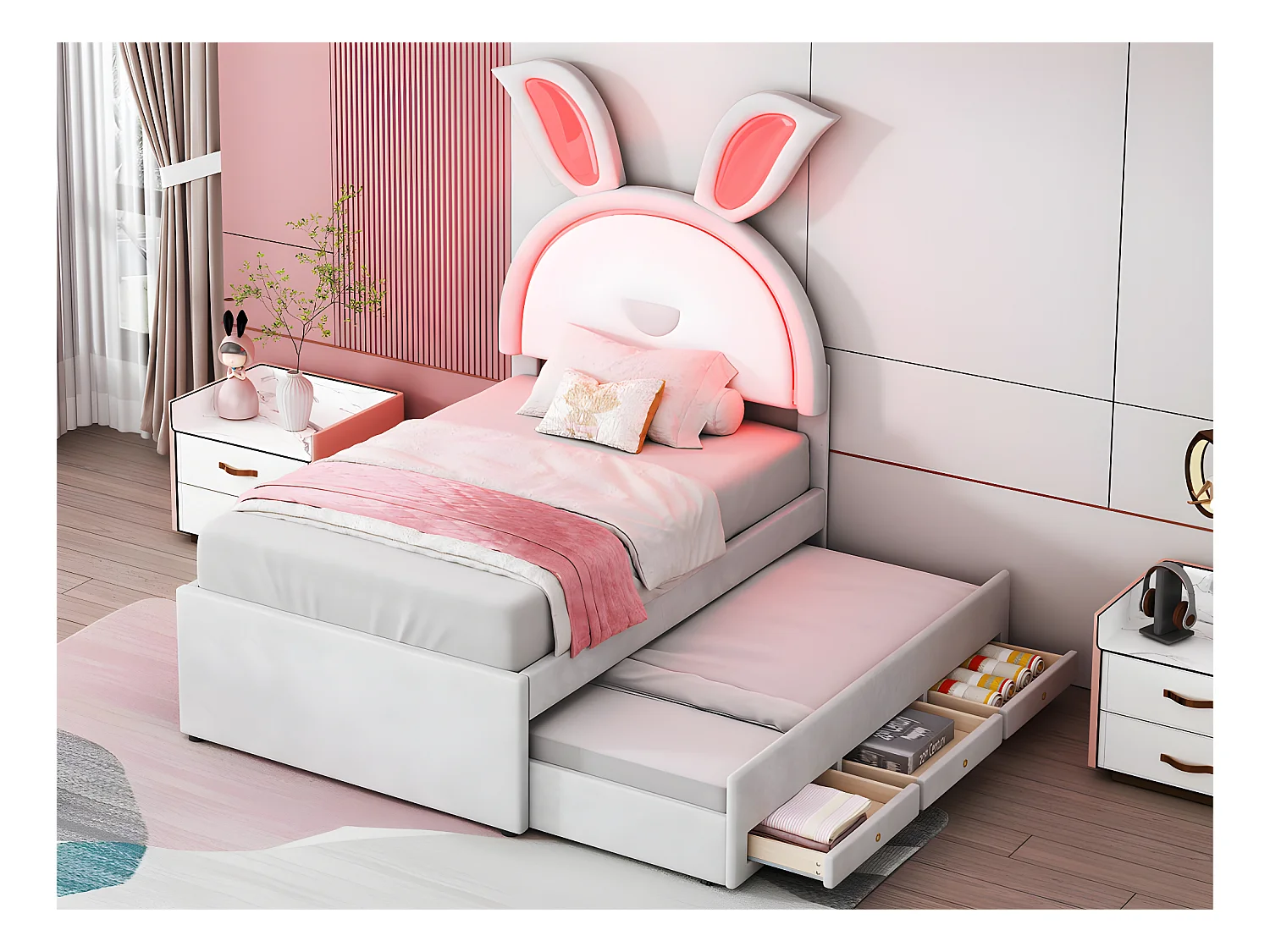 Letto per bambini 90x200 cm in velluto - letto estraibile con 3 cassetti e luci LED colorate - Beige