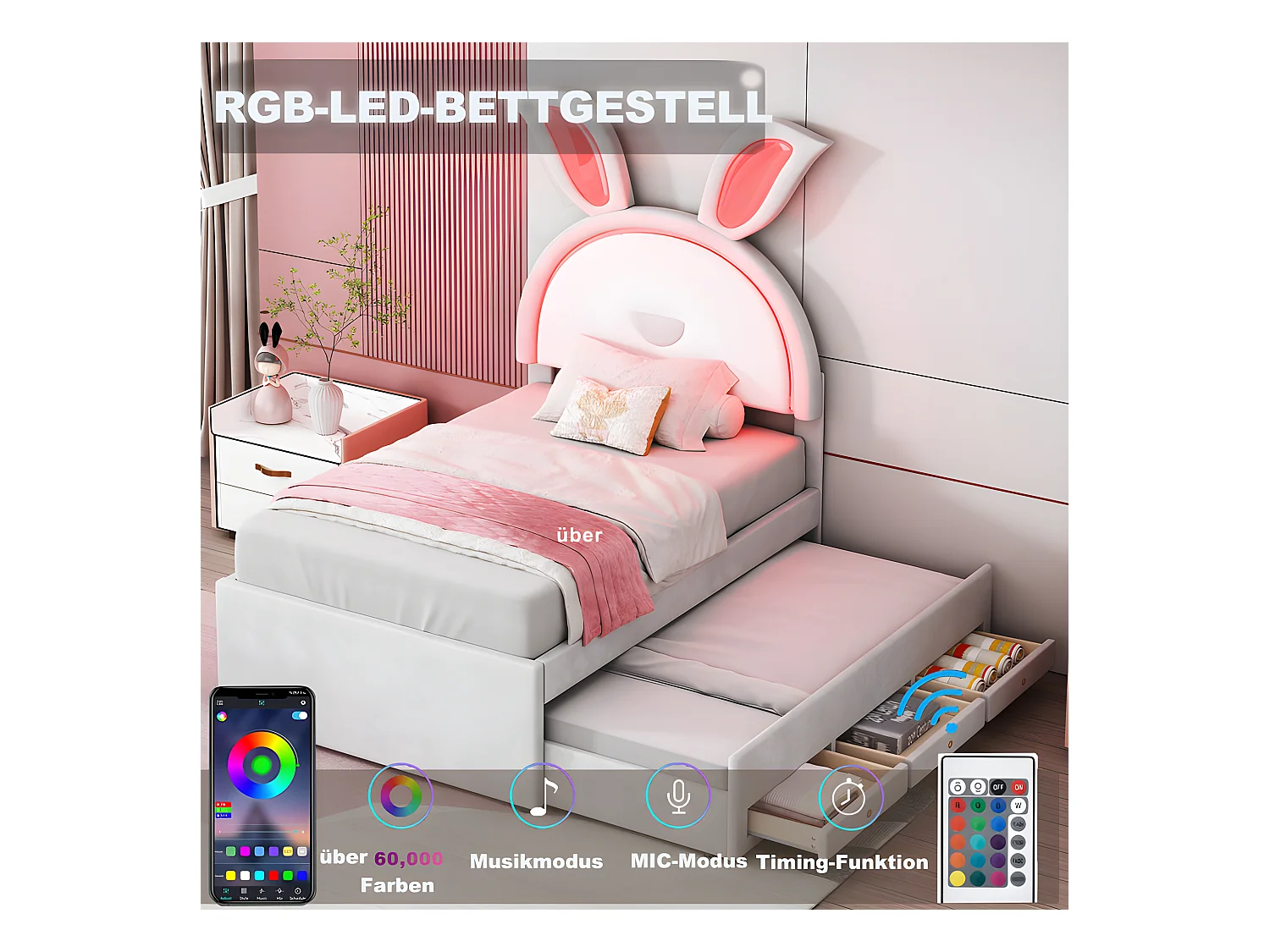 Lit enfant 90x200cm en velours - lit gigogne avec 3 tiroirs et lumières LED colorées - Beige