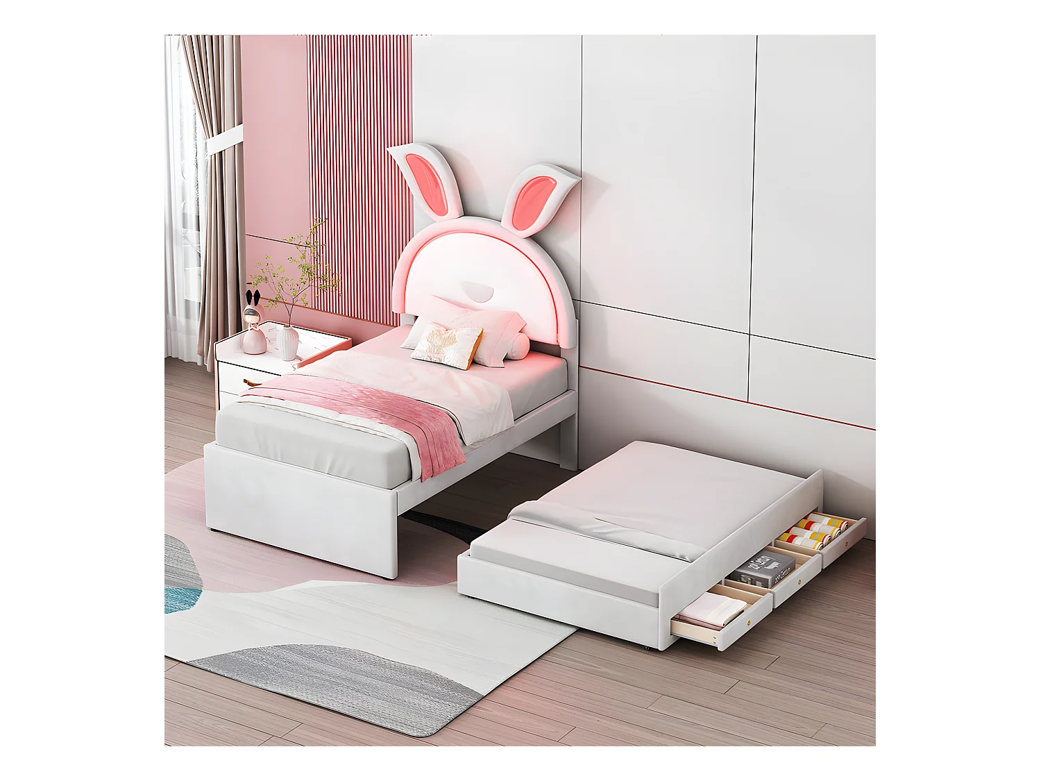 Lit enfant 90x200cm en velours - lit gigogne avec 3 tiroirs et lumières LED colorées - Beige