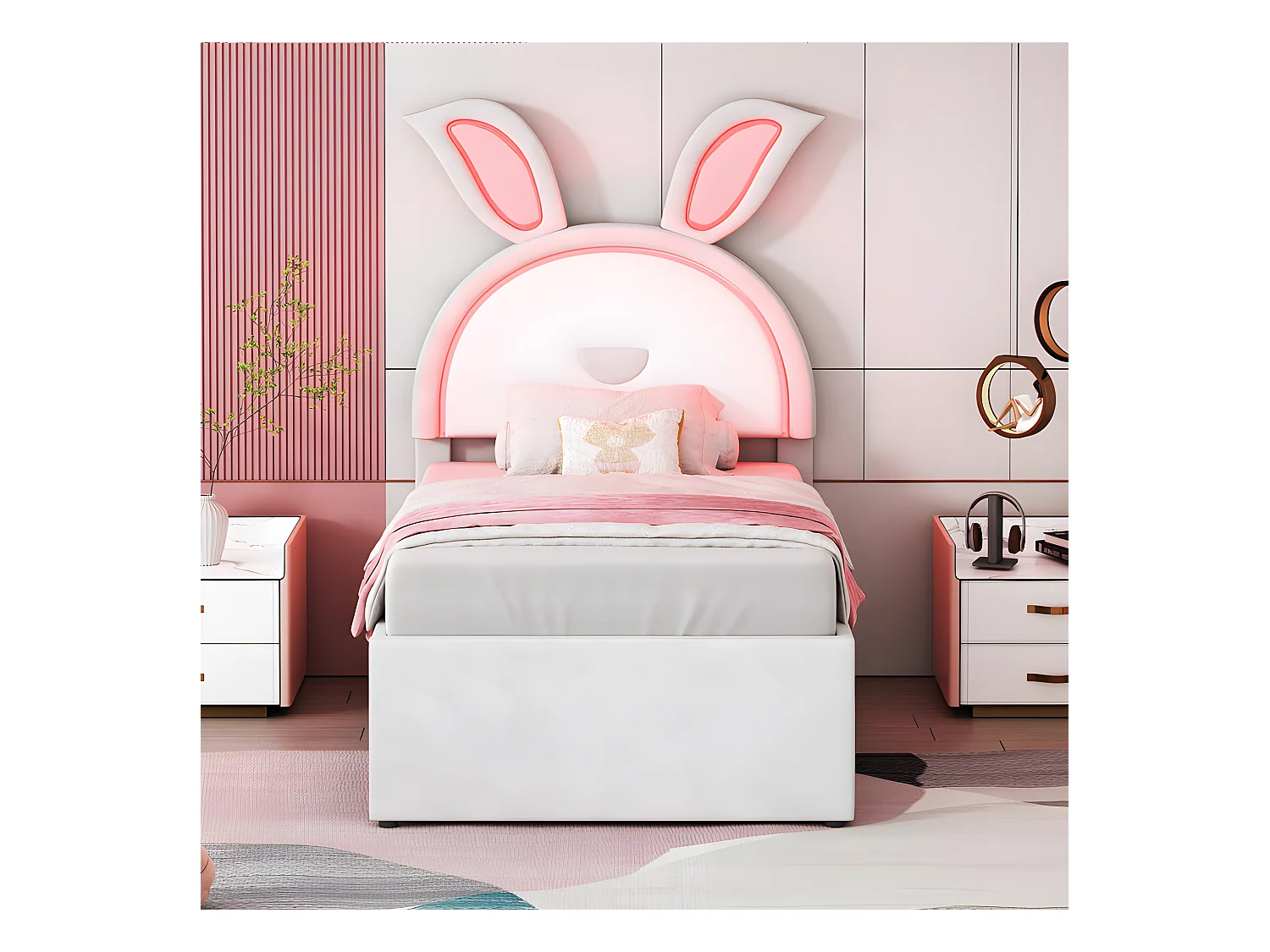 Lit enfant 90x200cm en velours - lit gigogne avec 3 tiroirs et lumières LED colorées - Beige