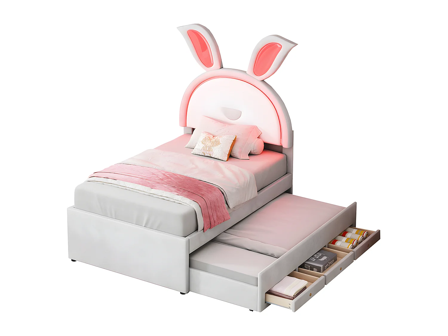 Lit enfant 90x200cm en velours - lit gigogne avec 3 tiroirs et lumières LED colorées - Beige