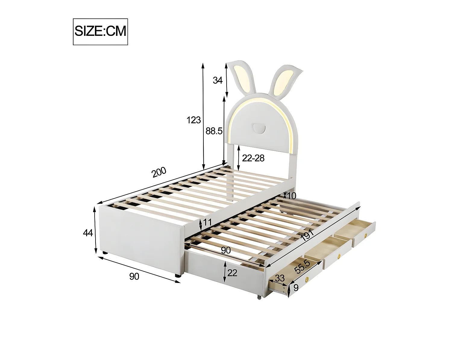 Lit enfant 90x200cm en velours - lit gigogne avec 3 tiroirs et lumières LED colorées - Beige