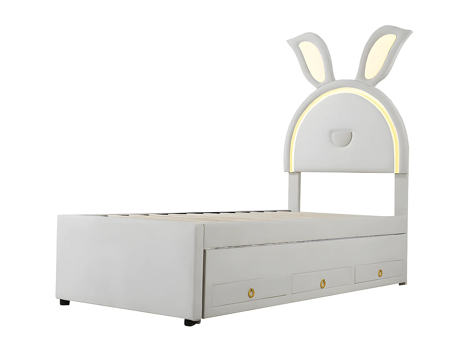 Lit enfant 90x200cm en velours - lit gigogne avec 3 tiroirs et lumières LED colorées - Beige