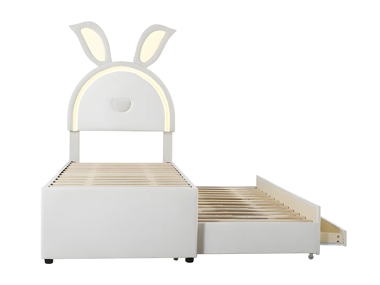 Lit enfant 90x200cm en velours - lit gigogne avec 3 tiroirs et lumières LED colorées - Beige