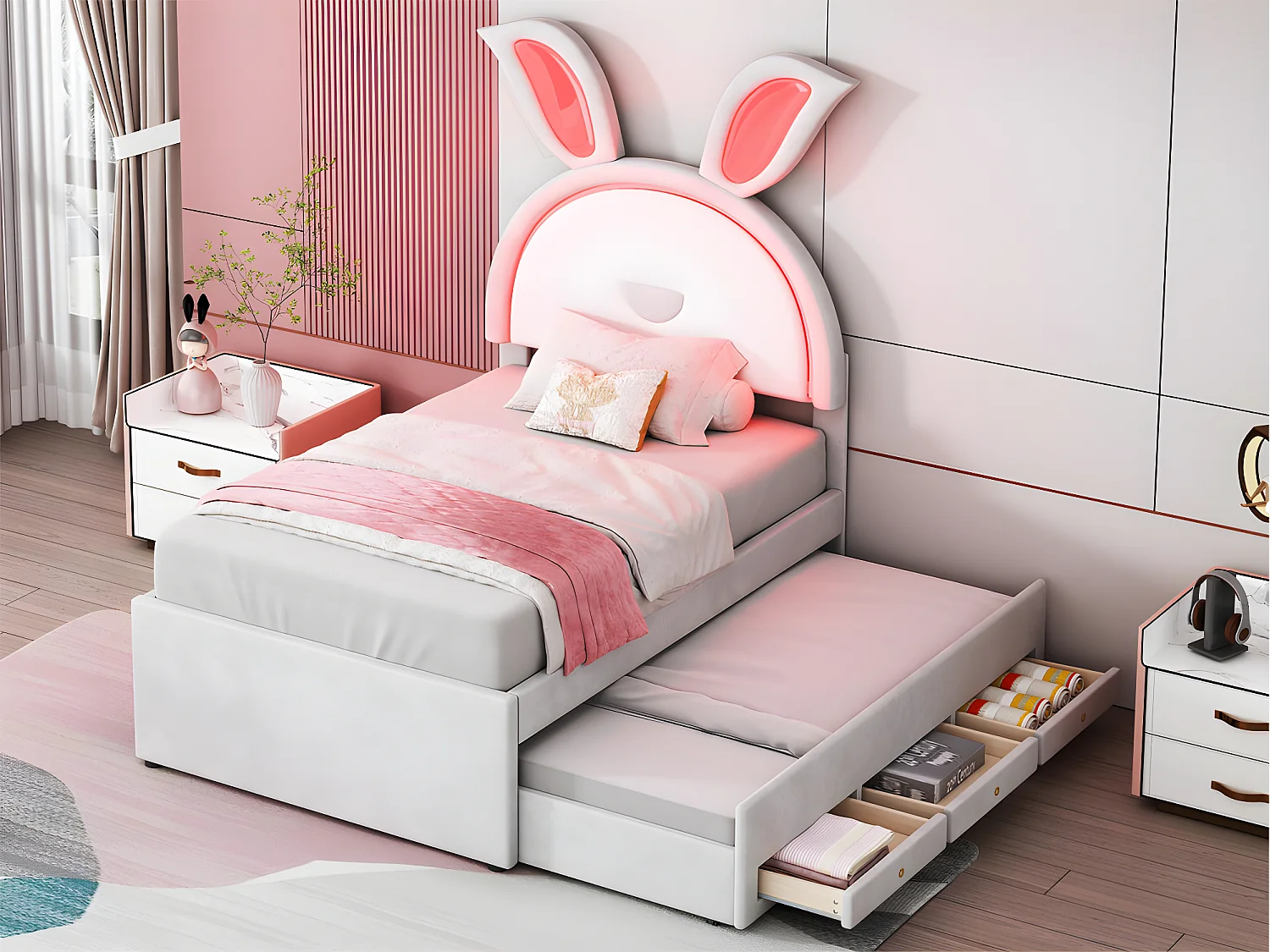 Kinderbett 90x200cm aus Samt – Ausziehbett mit 3 Schubladen und farbigen LED-Lichtern – Beige