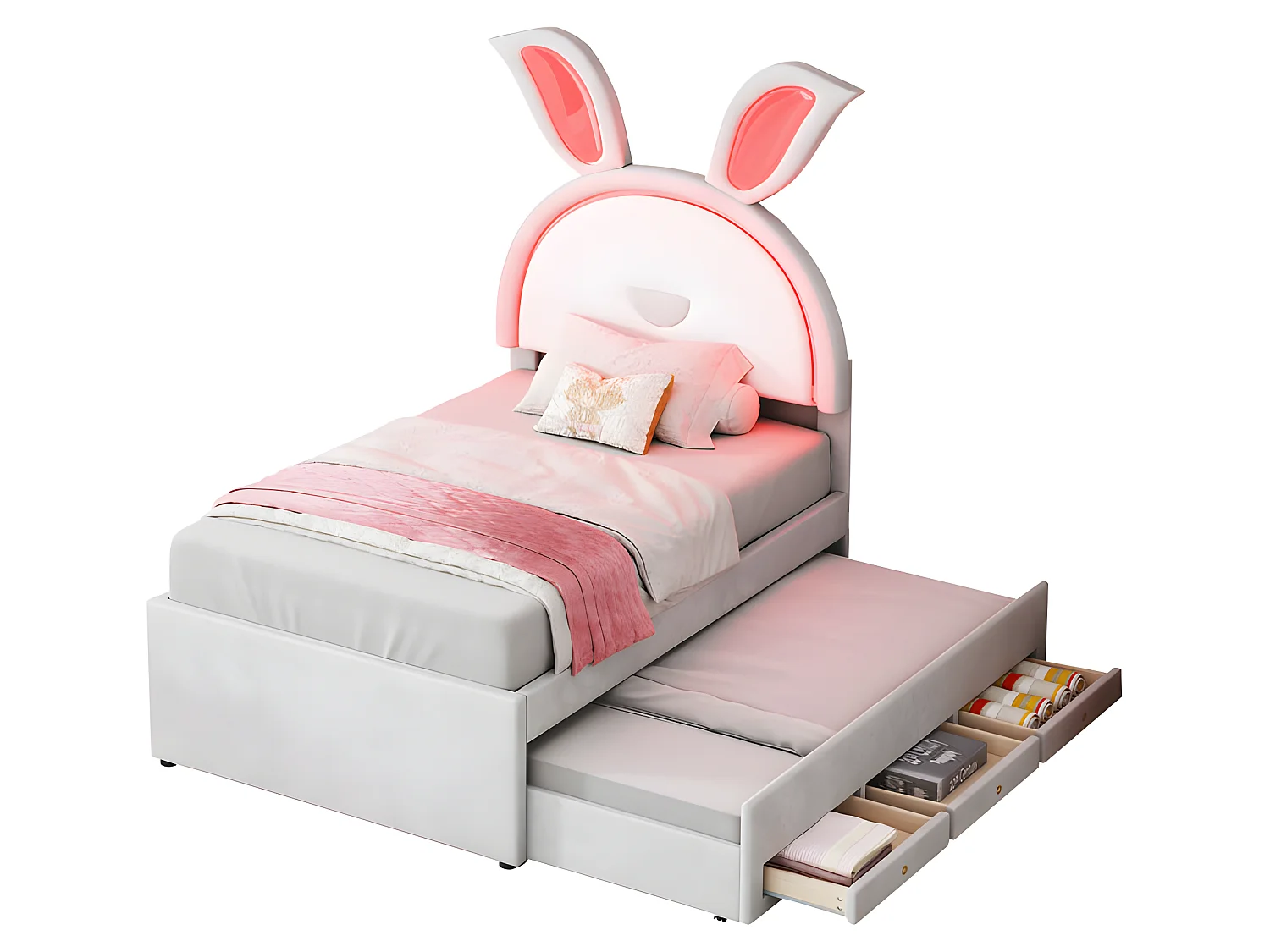 Kinderbett 90x200cm aus Samt – Ausziehbett mit 3 Schubladen und farbigen LED-Lichtern – Beige