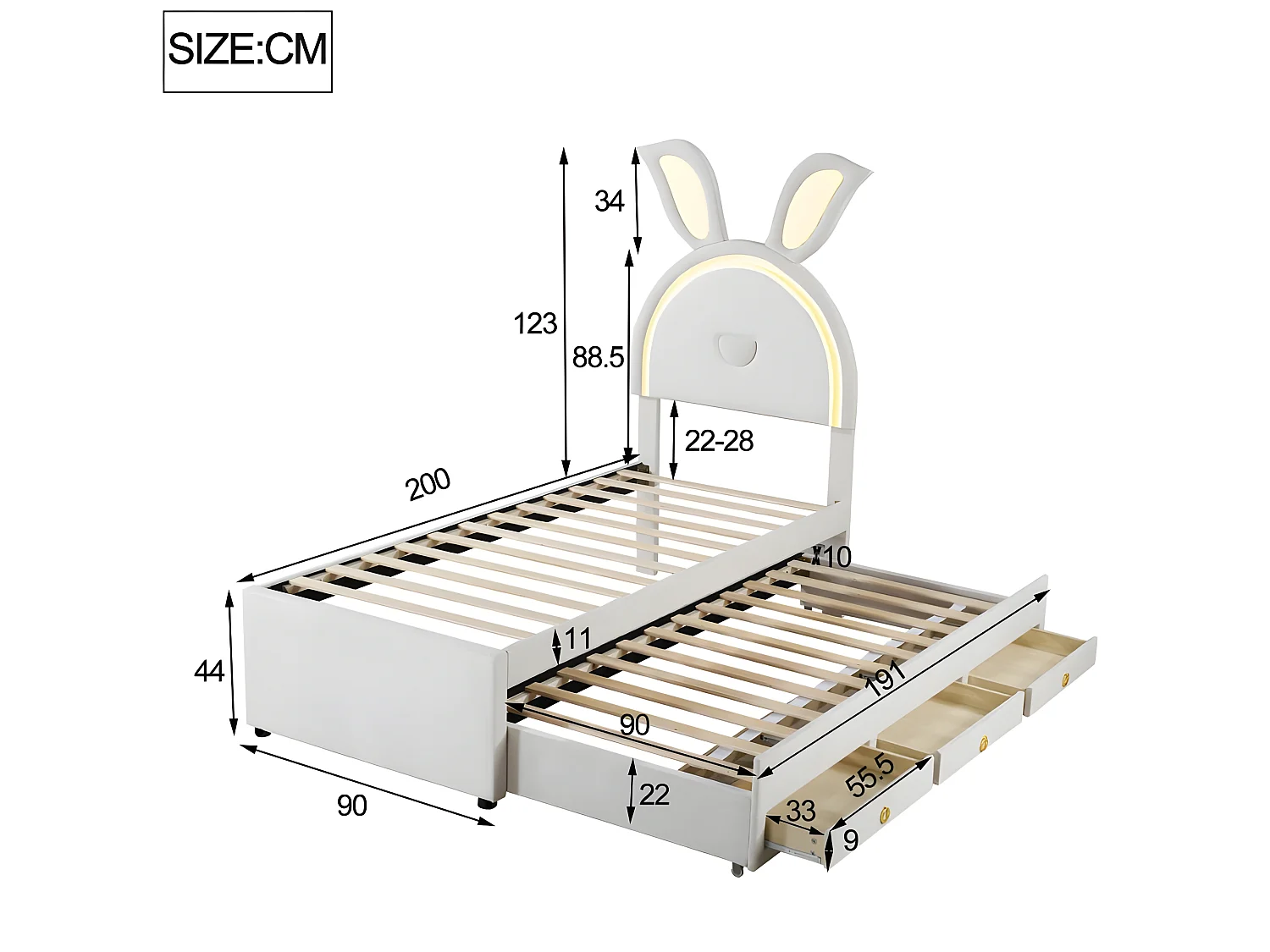 Kinderbett 90x200cm aus Samt – Ausziehbett mit 3 Schubladen und farbigen LED-Lichtern – Beige