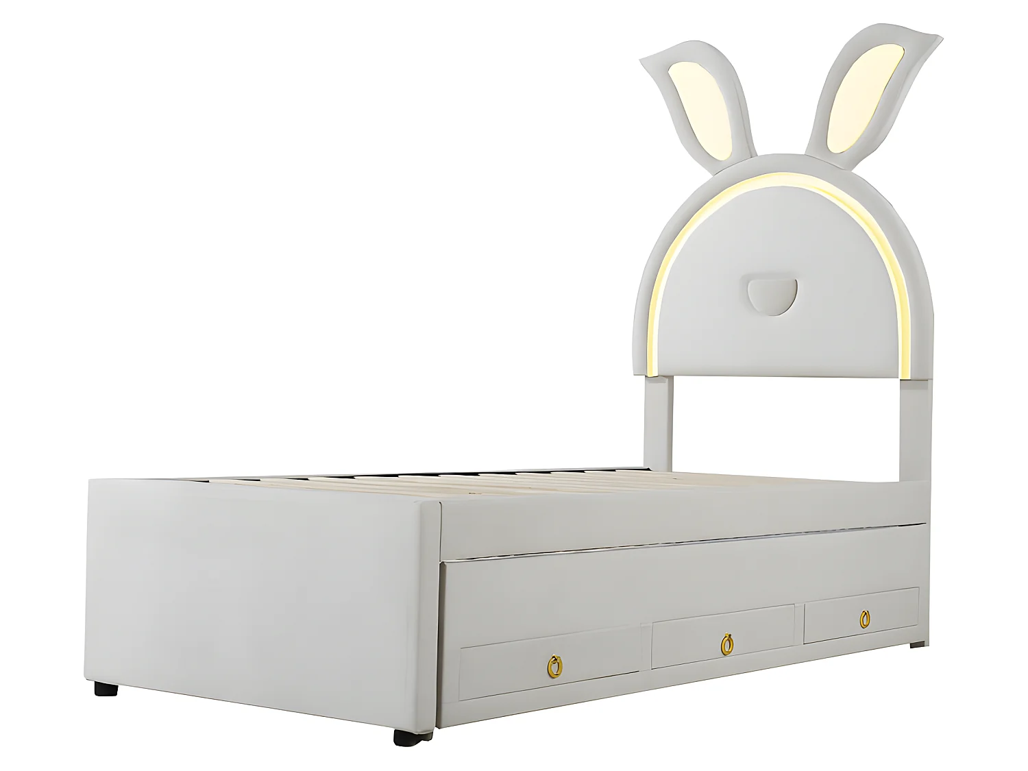 Kinderbett 90x200cm aus Samt – Ausziehbett mit 3 Schubladen und farbigen LED-Lichtern – Beige