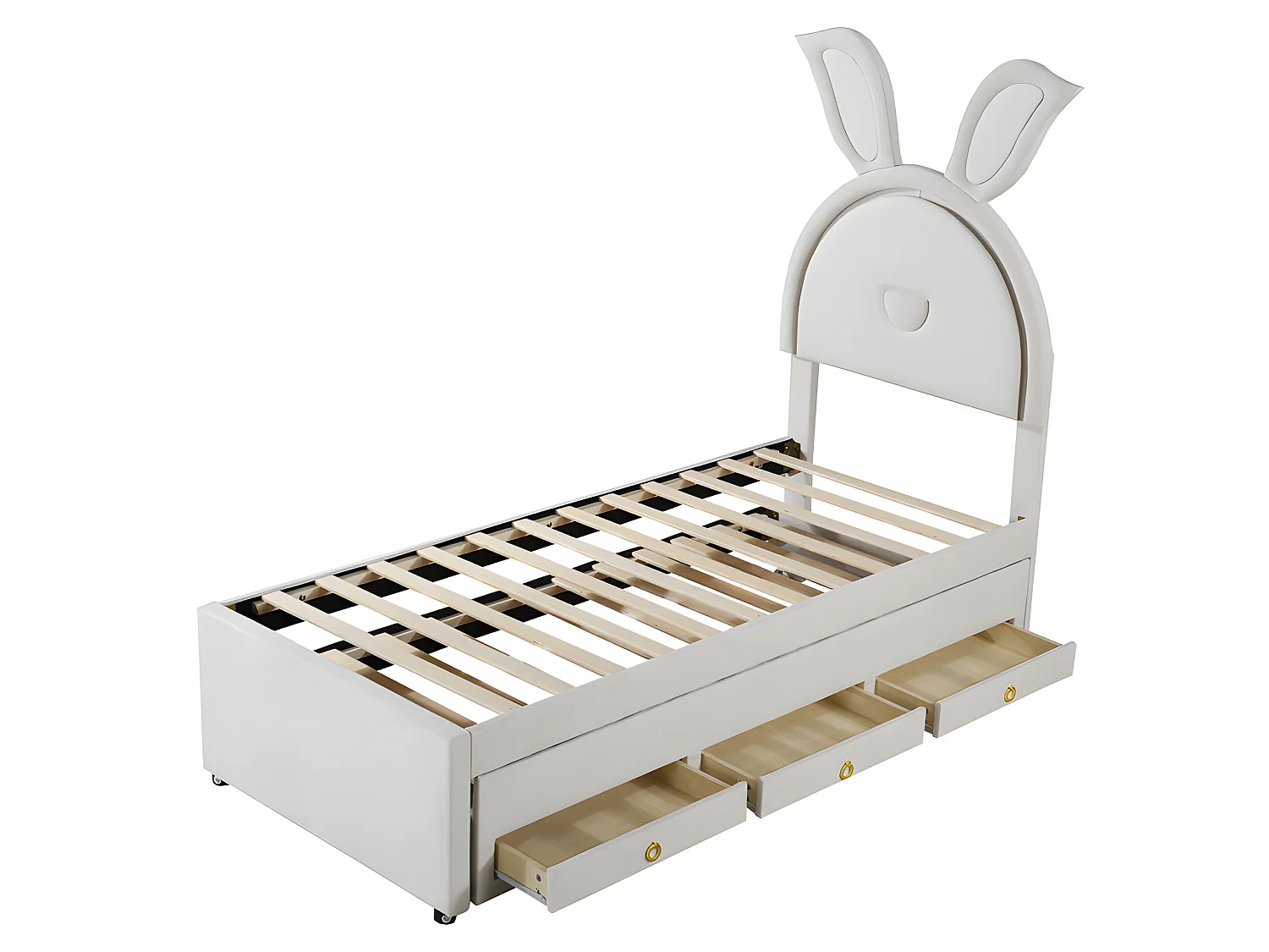 Kinderbett 90x200cm aus Samt – Ausziehbett mit 3 Schubladen und farbigen LED-Lichtern – Beige