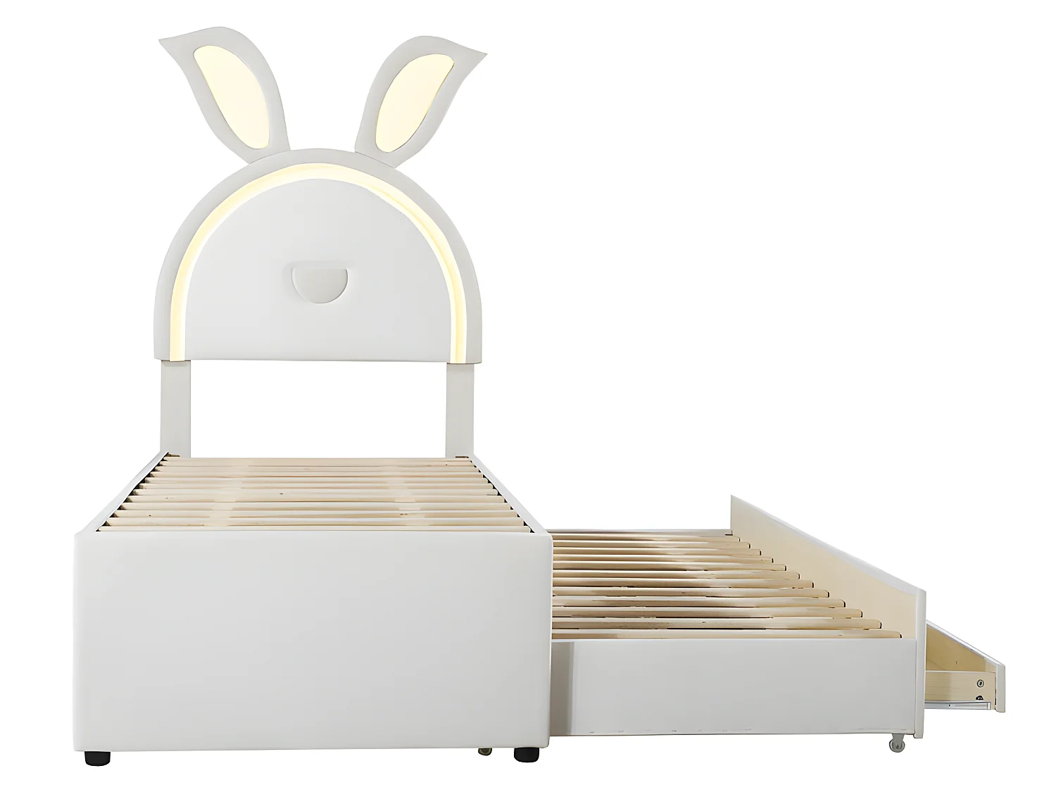 Kinderbett 90x200cm aus Samt – Ausziehbett mit 3 Schubladen und farbigen LED-Lichtern – Beige