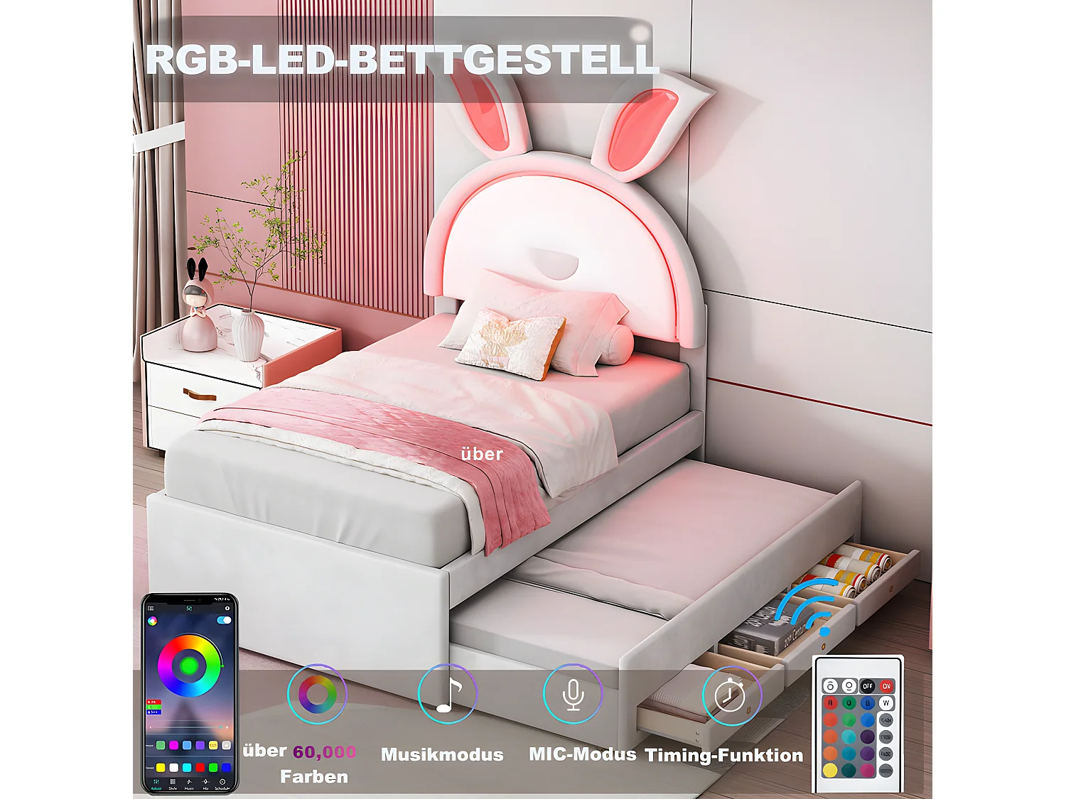 Kinderbett 90x200cm aus Samt – Ausziehbett mit 3 Schubladen und farbigen LED-Lichtern – Beige