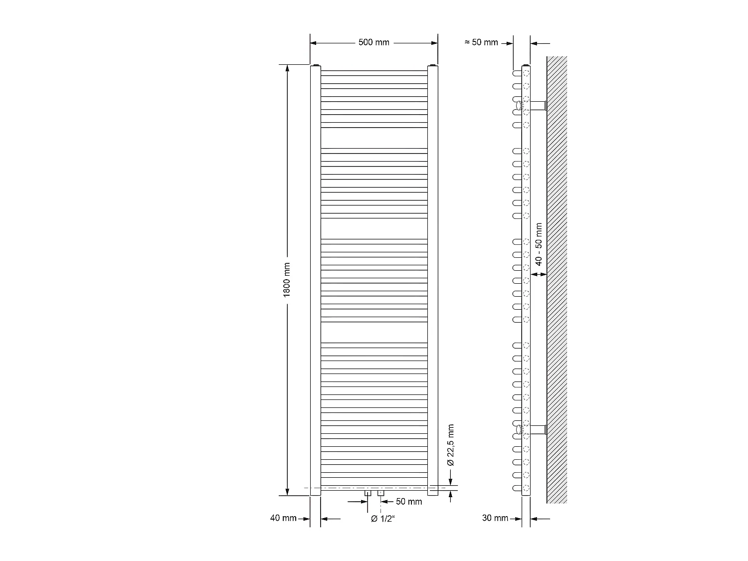 Radiador de baño Radiador conexión central Sahara Toallero Negro 50x180cm