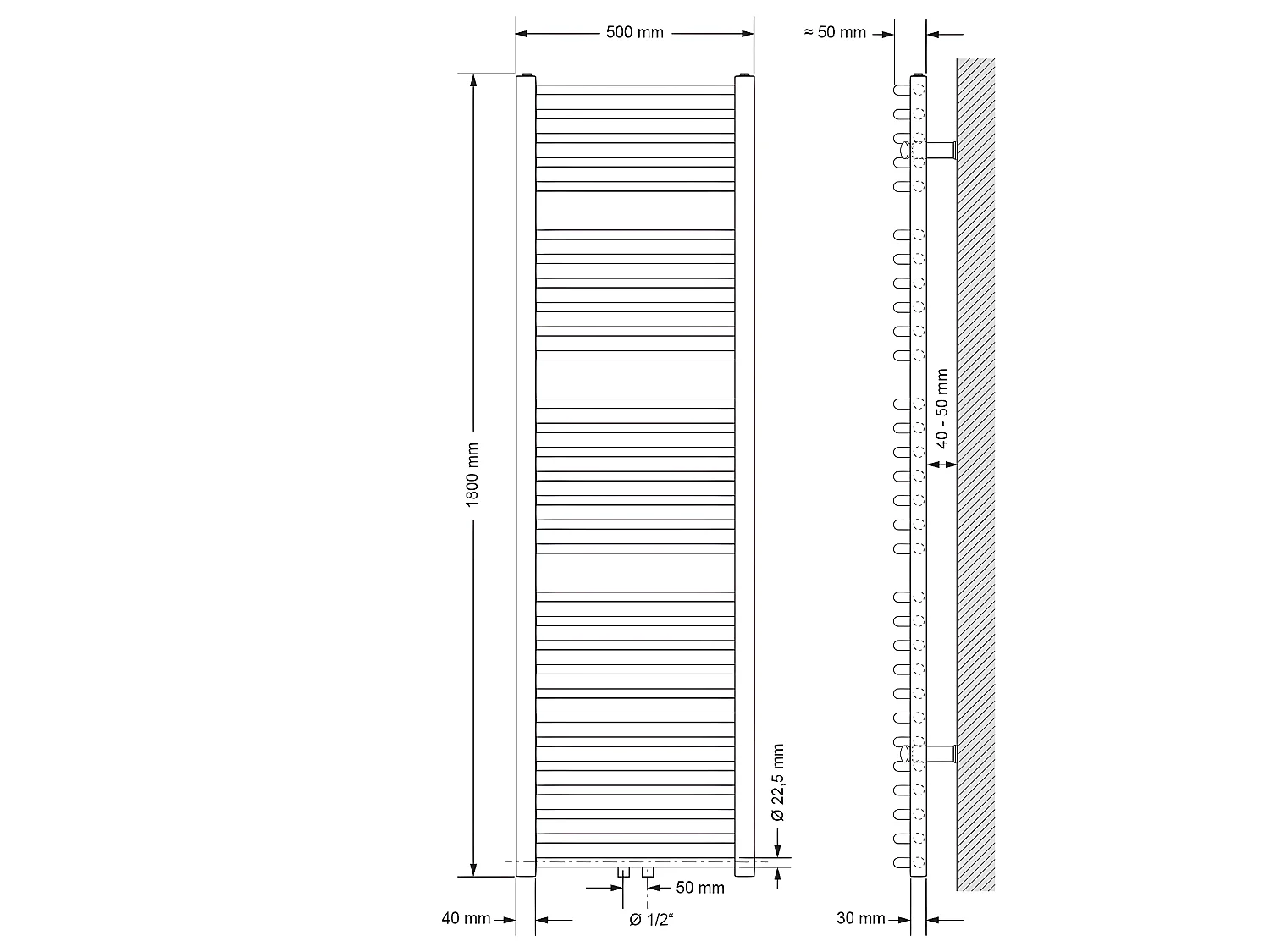 Radiateur de salle de bain Sahara raccord central chauffe-serviettes noir 50x180cm