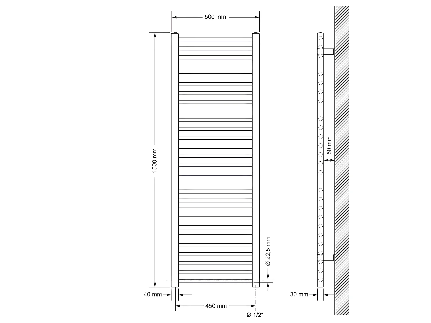 Radiateur de salle de bain Sahara raccord latéral sèche-serviettes noir 50x150cm