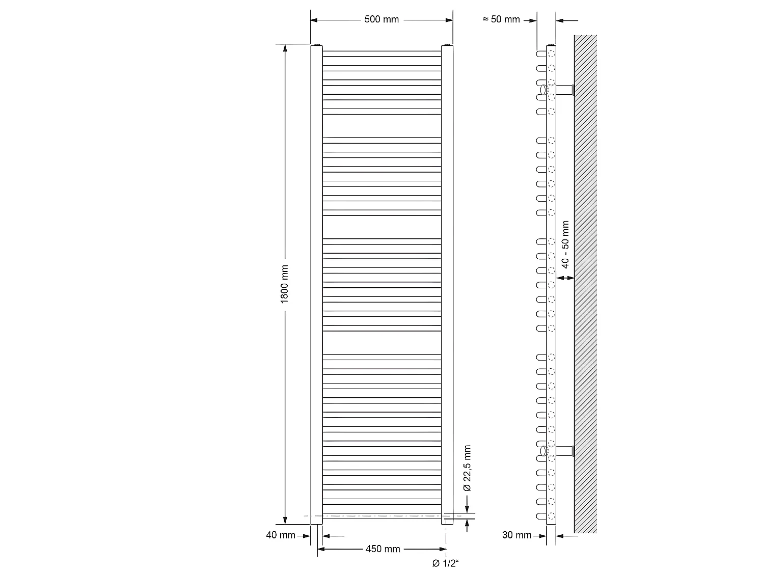 Radiateur de salle de bain Sahara raccord latéral sèche-serviettes noir 50x180cm