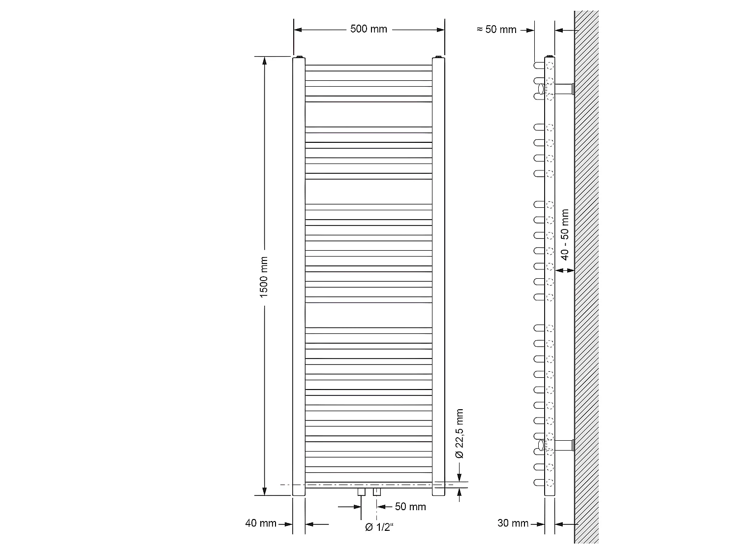 Radiador de baño Radiador conexión central Sahara Toallero Negro 50x150cm