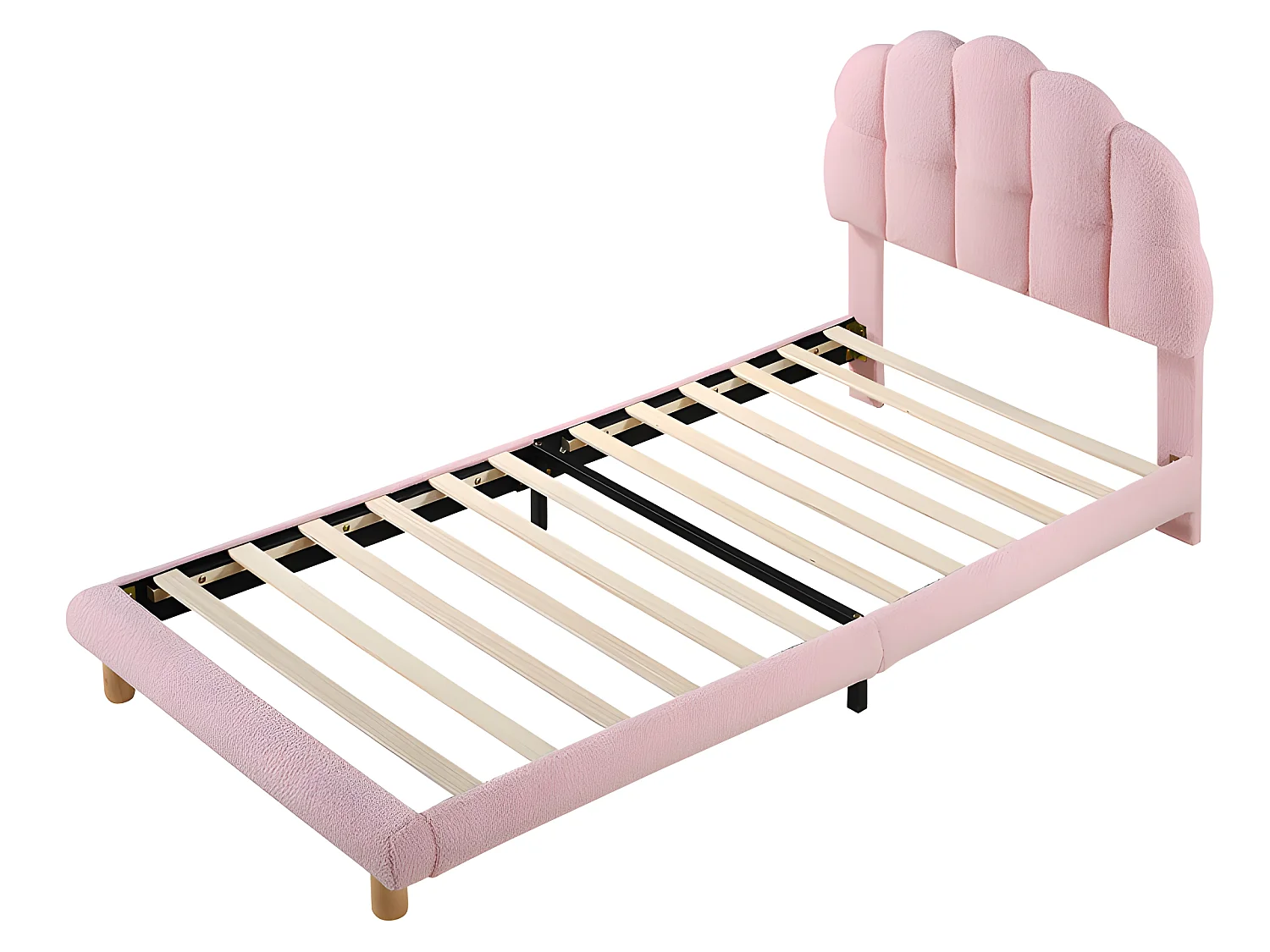 Eenpersoons kinderbed 90x200cm bekleed met French Terry stof - marshmallow-vormig hoofdeinde - met MDF lattenbodem - Roze