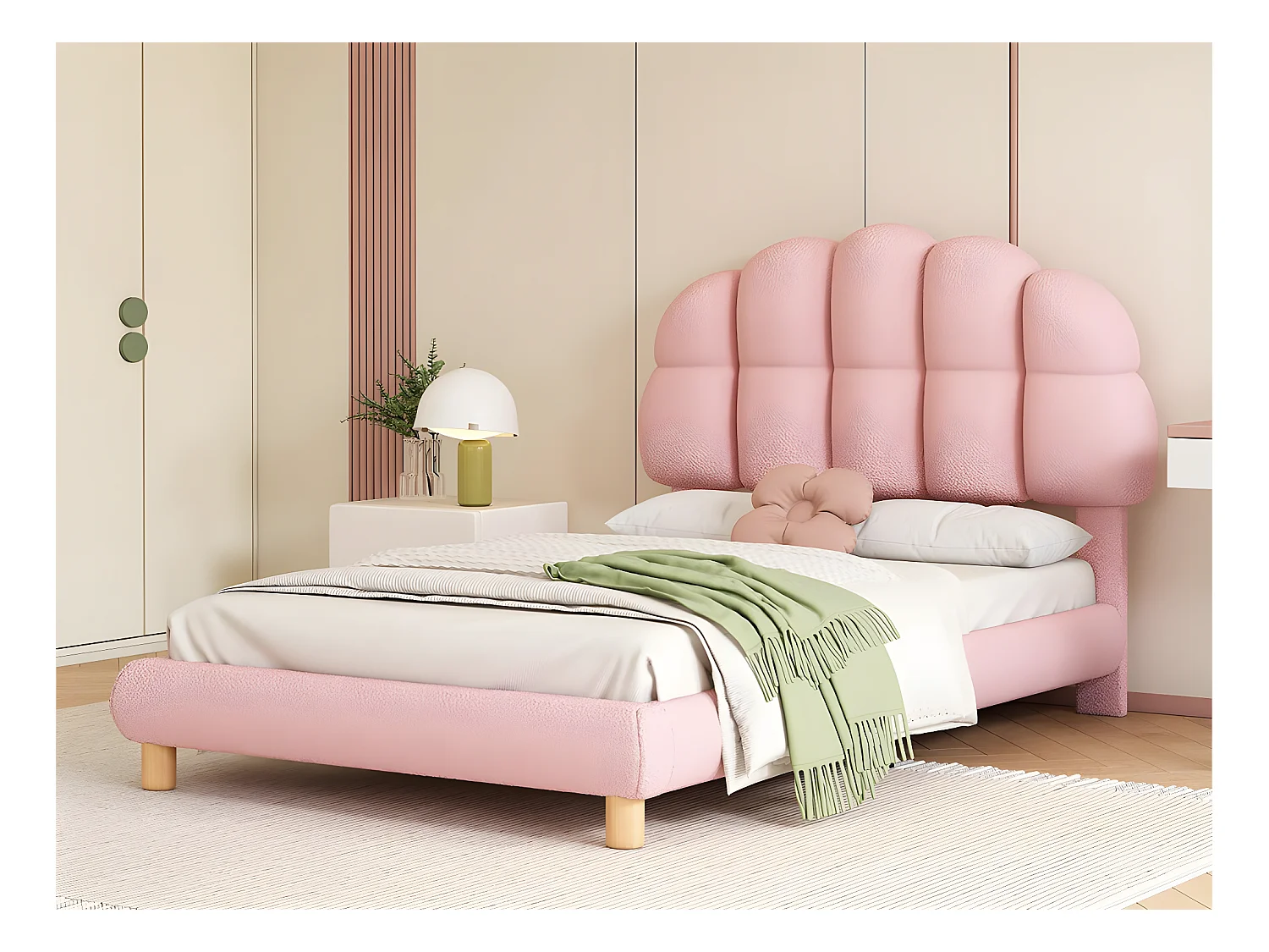 Lit enfant simple 90x200cm rembourré en tissu bouclette - tête de lit en forme de guimauve - avec sommier à lattes en MDF - Rose