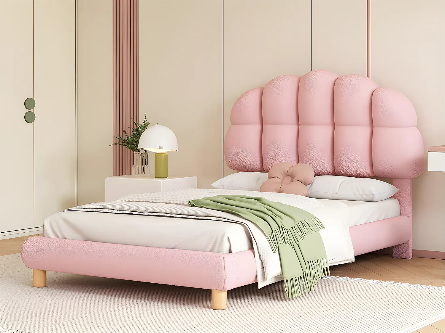 Einzelbett für Kinder, 90 x 200 cm, gepolstert mit French-Terry-Stoff – Marshmallow-förmiges Kopfteil – mit Lattenrost aus MDF – Rosa