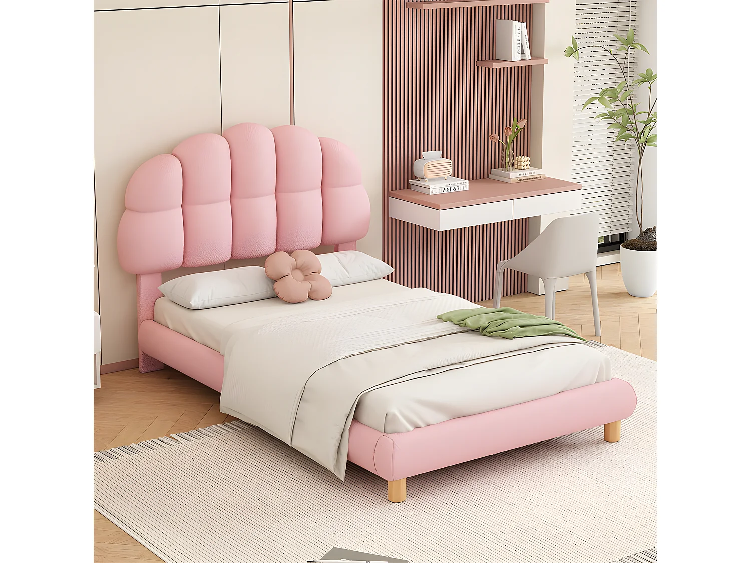 Einzelbett für Kinder, 90 x 200 cm, gepolstert mit French-Terry-Stoff – Marshmallow-förmiges Kopfteil – mit Lattenrost aus MDF – Rosa