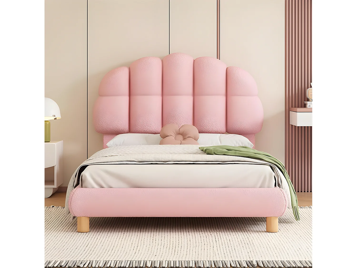 Einzelbett für Kinder, 90 x 200 cm, gepolstert mit French-Terry-Stoff – Marshmallow-förmiges Kopfteil – mit Lattenrost aus MDF – Rosa