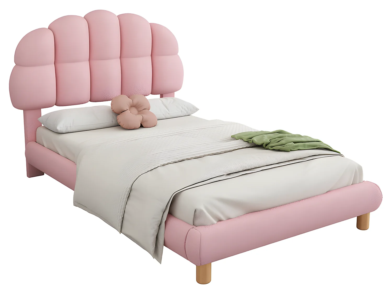 Einzelbett für Kinder, 90 x 200 cm, gepolstert mit French-Terry-Stoff – Marshmallow-förmiges Kopfteil – mit Lattenrost aus MDF – Rosa