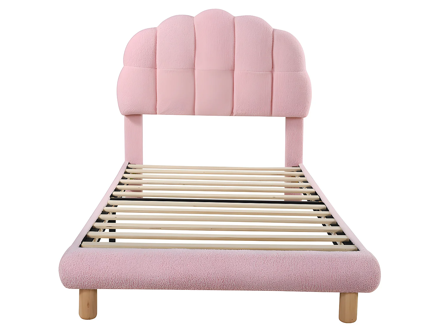 Einzelbett für Kinder, 90 x 200 cm, gepolstert mit French-Terry-Stoff – Marshmallow-förmiges Kopfteil – mit Lattenrost aus MDF – Rosa