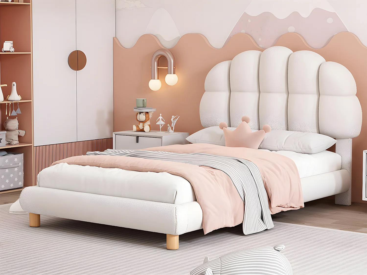 Cama infantil individual 90x200cm tapizada en tejido de rizo francés - cabecero en forma de malvavisco - con somier de láminas de MDF - Blanco