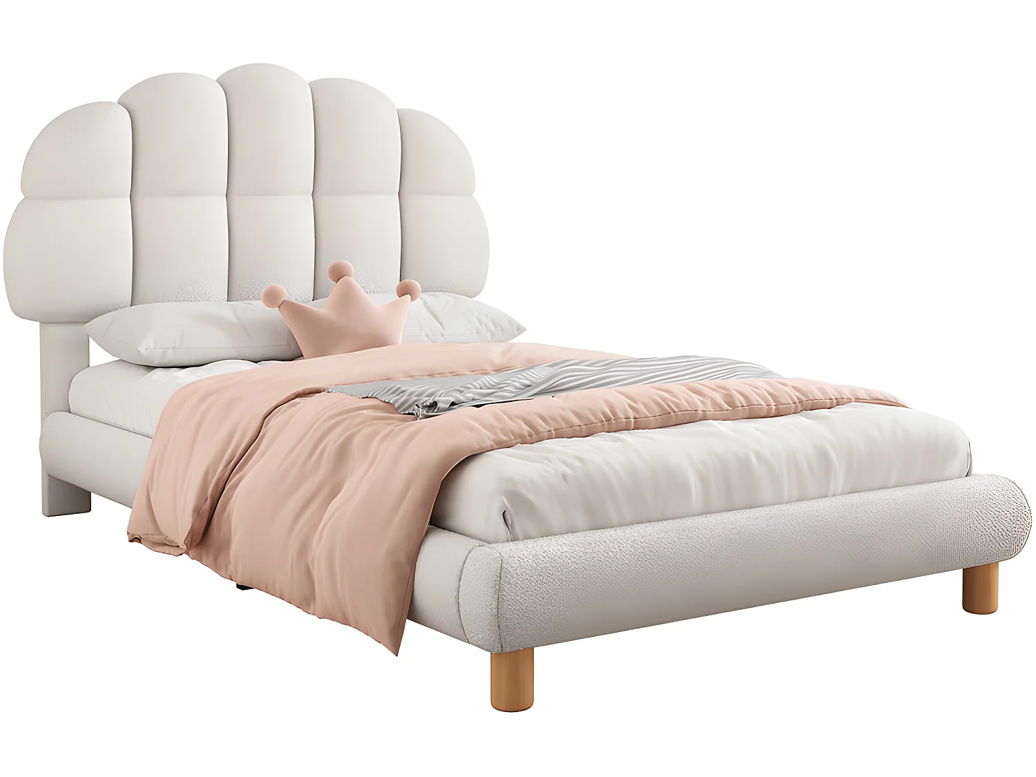 Cama infantil individual 90x200cm tapizada en tejido de rizo francés - cabecero en forma de malvavisco - con somier de láminas de MDF - Blanco