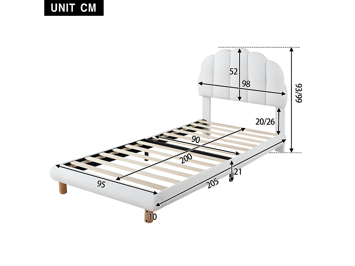 Cama infantil individual 90x200cm tapizada en tejido de rizo francés - cabecero en forma de malvavisco - con somier de láminas de MDF - Blanco