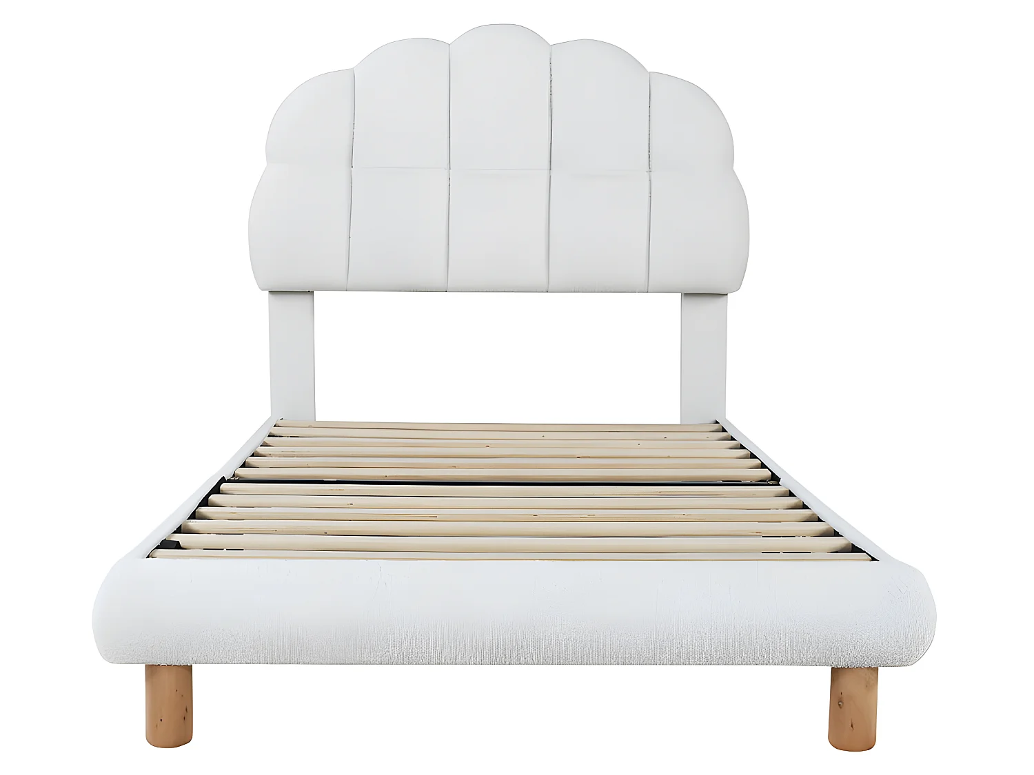 Cama infantil individual 90x200cm tapizada en tejido de rizo francés - cabecero en forma de malvavisco - con somier de láminas de MDF - Blanco