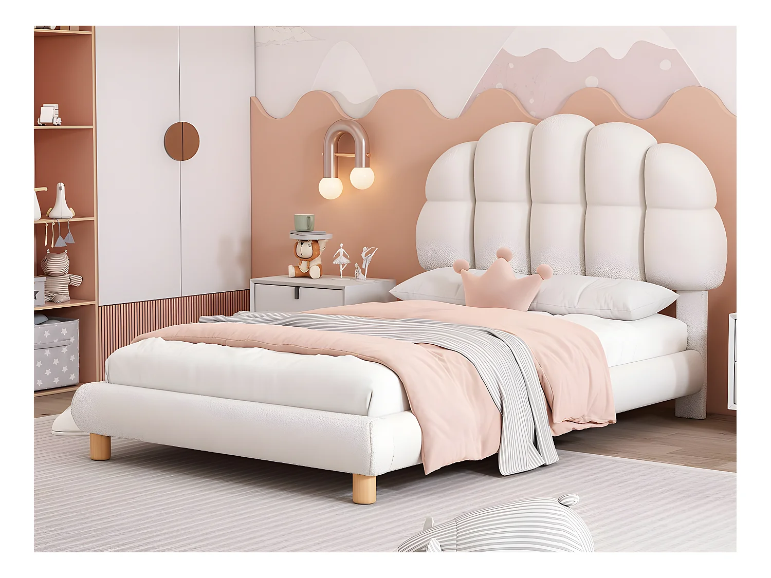 Lit enfant simple 90x200cm rembourré en tissu bouclette - tête de lit en forme de guimauve - avec sommier à lattes en MDF - Blanc