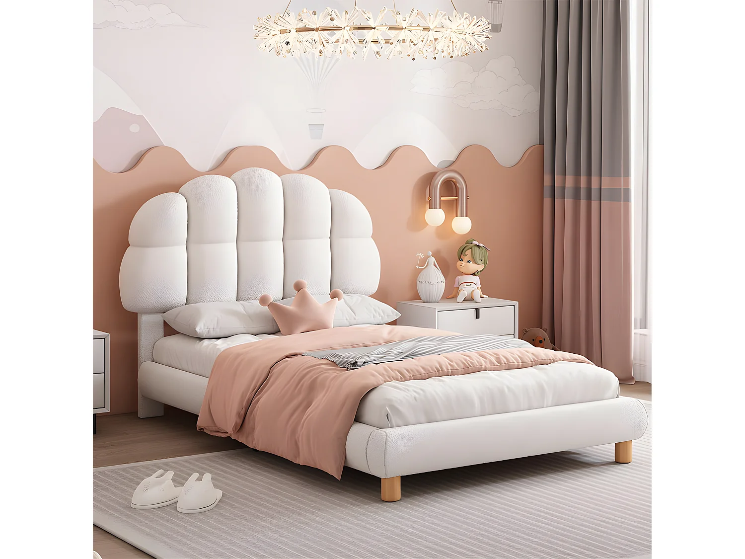 Łóżko dziecięce proste 90x200cm tapicerowane tkaniną boucle - zagłówek w kształcie pianki marshmallow - z stelażem na listwach z MDF - Białe