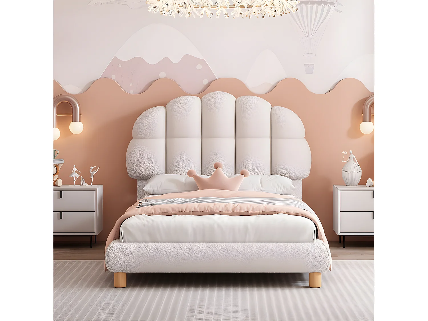 Łóżko dziecięce proste 90x200cm tapicerowane tkaniną boucle - zagłówek w kształcie pianki marshmallow - z stelażem na listwach z MDF - Białe