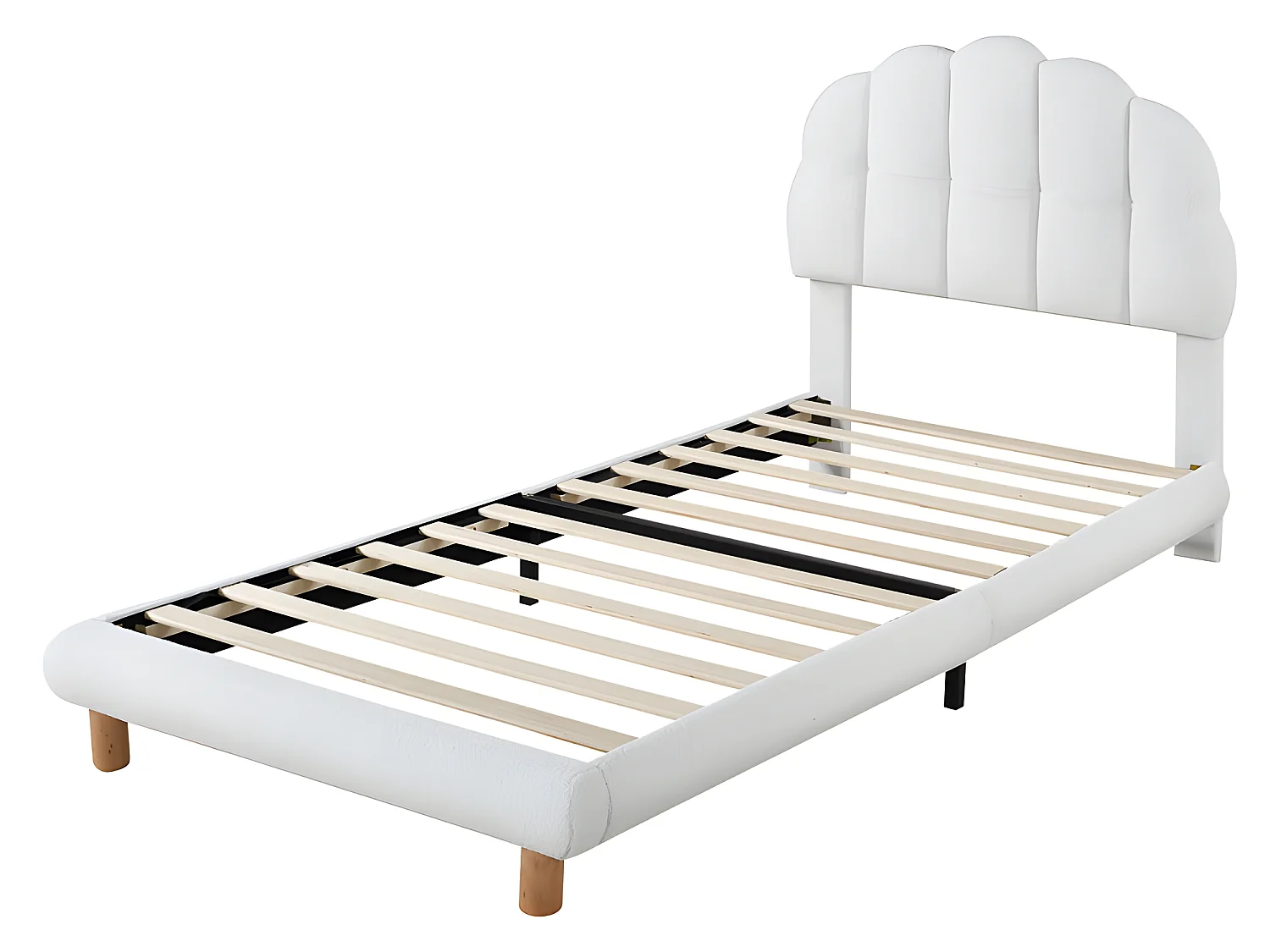 Łóżko dziecięce proste 90x200cm tapicerowane tkaniną boucle - zagłówek w kształcie pianki marshmallow - z stelażem na listwach z MDF - Białe