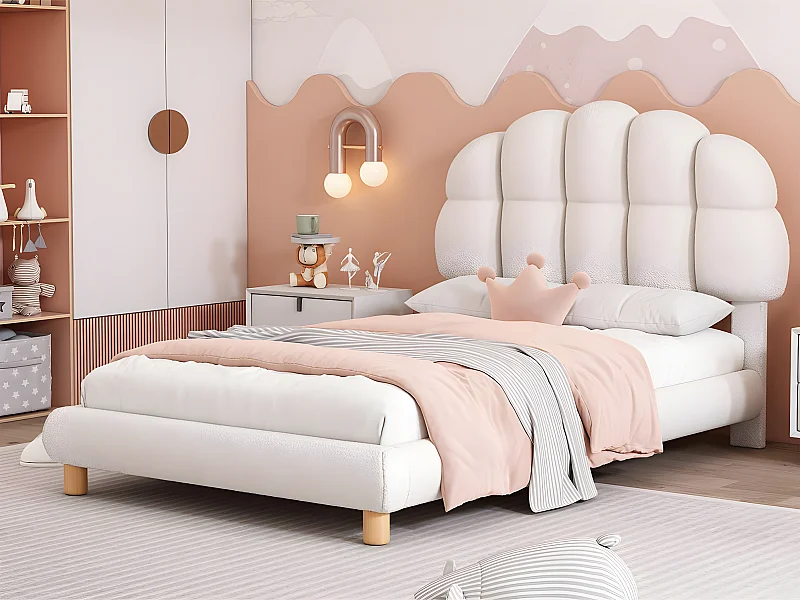 Lit enfant simple 90x200cm rembourré en tissu bouclette - tête de lit en forme de guimauve - avec sommier à lattes en MDF - Blanc