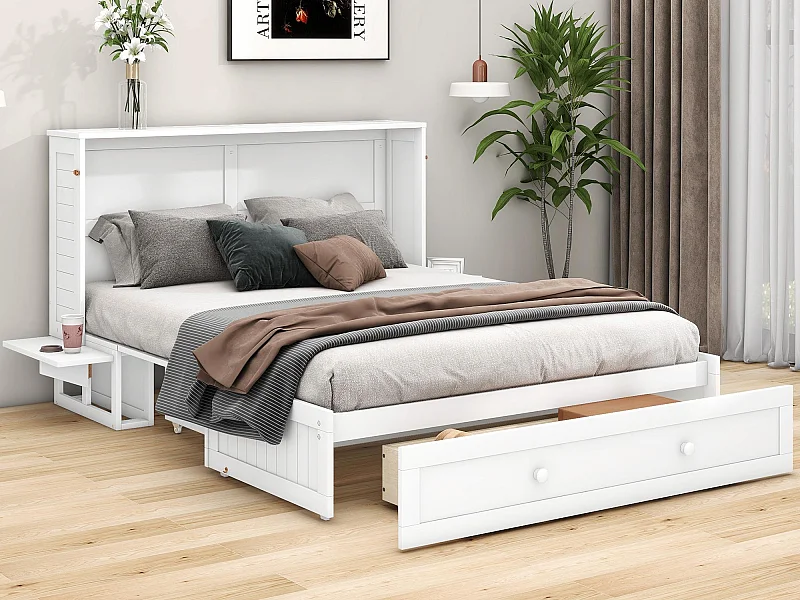 Ausziehbares Multifunktionsbett 140 x 200 cm aus Massivholz – mit einer Schublade und einer Stütze am Kopfteil – Weiß