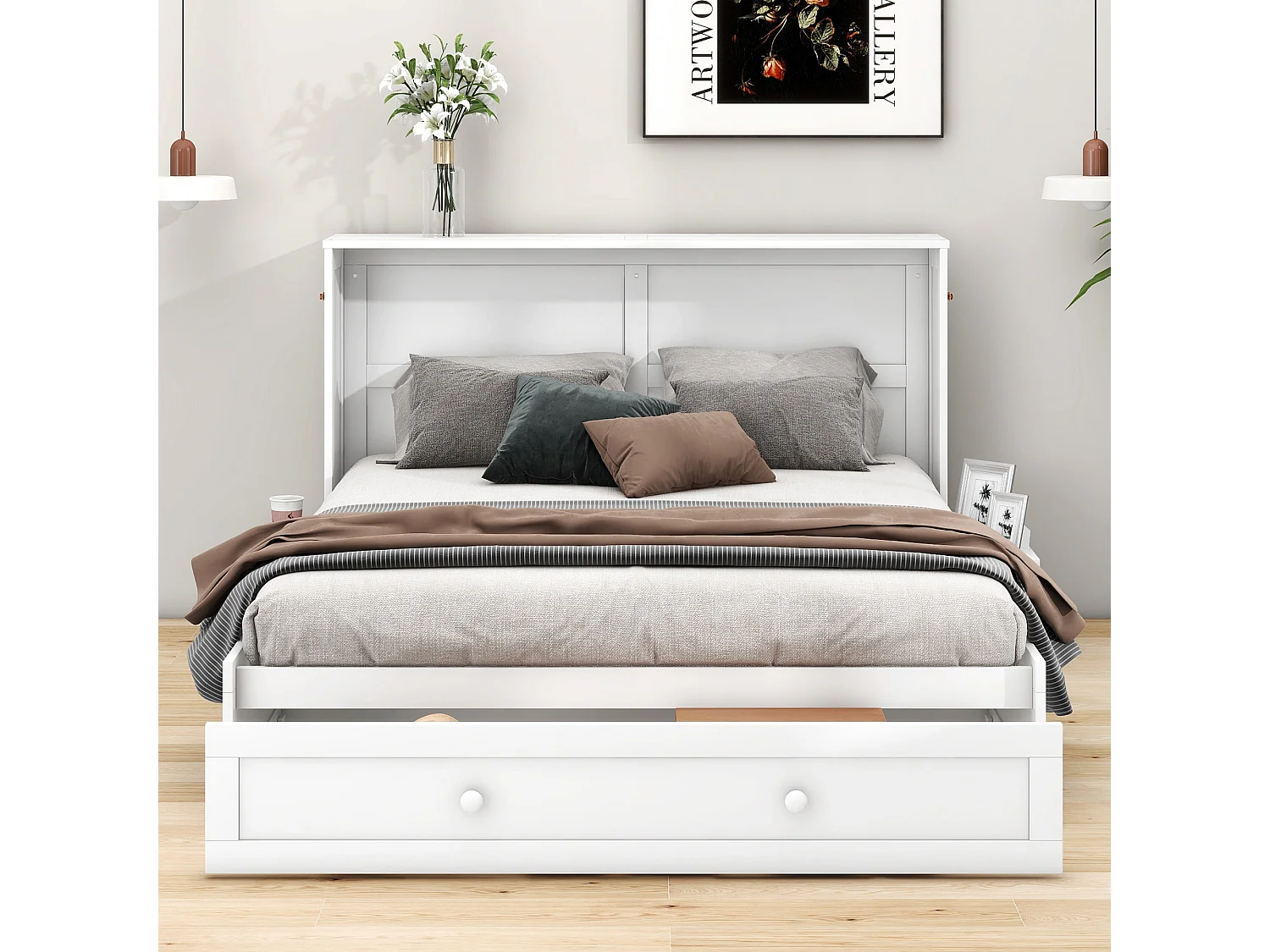 Uitschuifbaar multifunctioneel bed 140x200cm in massief hout - met lade en steun aan het hoofdeinde - Wit