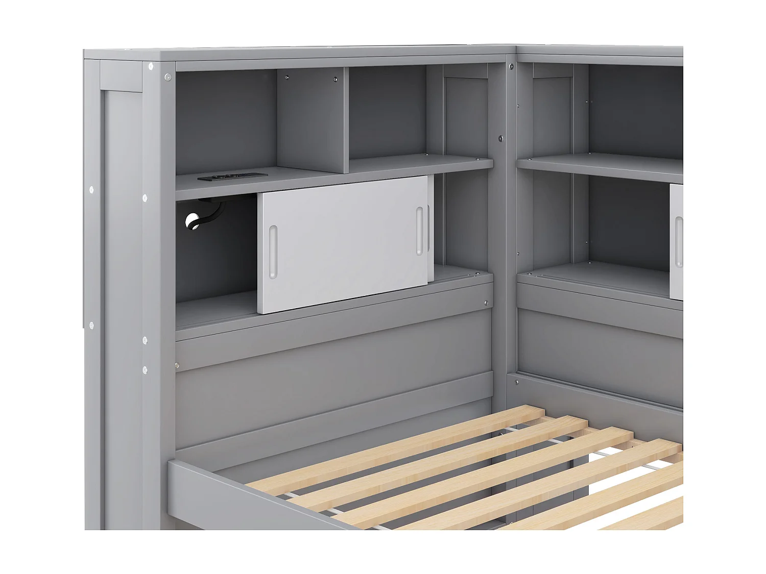 Ausziehbett aus Holz, 90 x 200 cm, mit USB-Ladeanschlüssen – umgeben von einem Kreis aus Stauraum – Grau