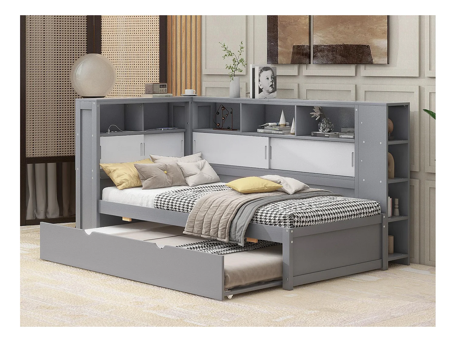 Lit gigogne en bois 90x200cm avec Ports de charge USB - entouré d'un cercle de rangements - Gris