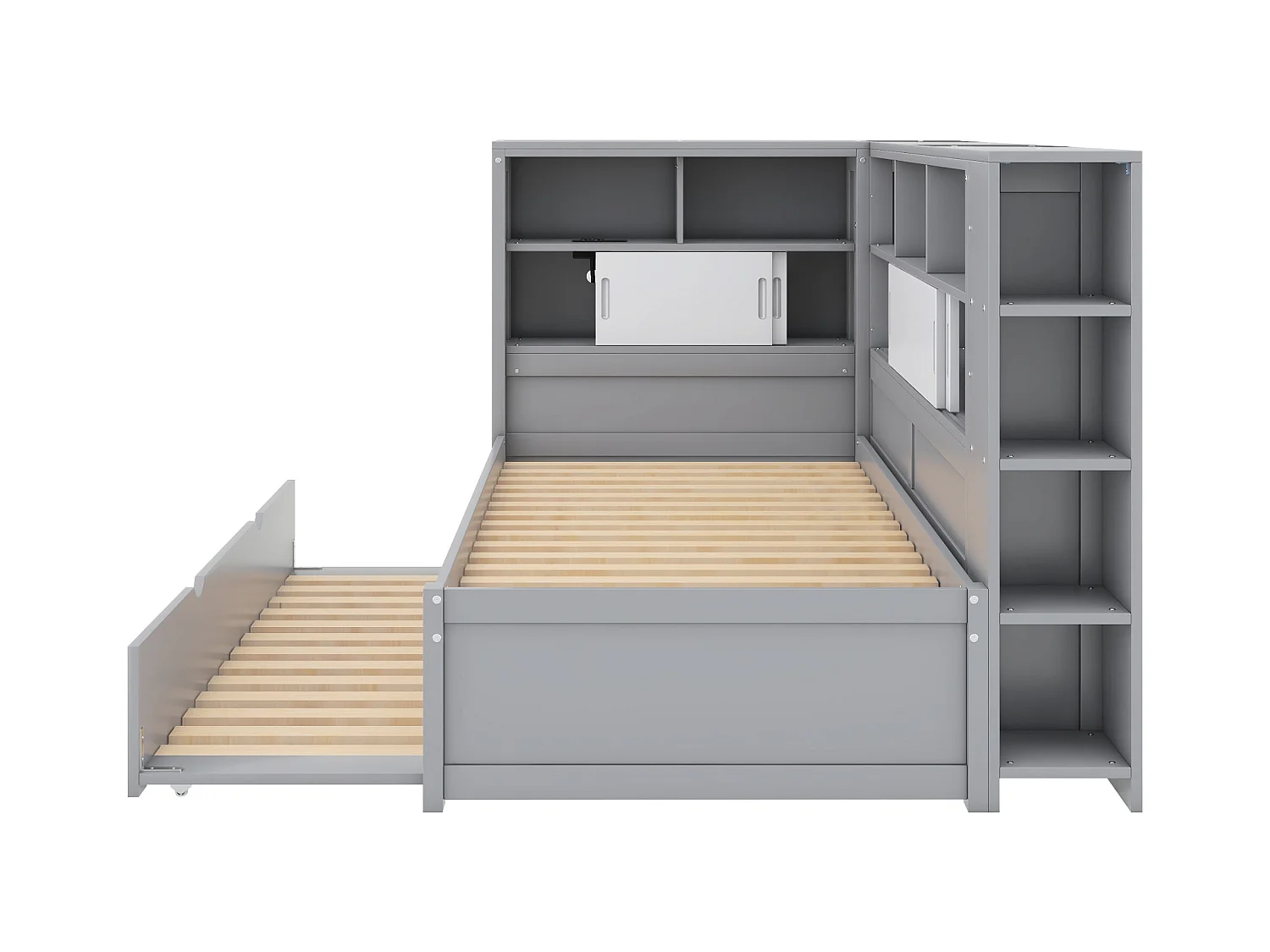 Houten onderschuifbed 90x200cm met USB-oplaadpoorten - omgeven door een cirkel met opbergruimte - Grijs