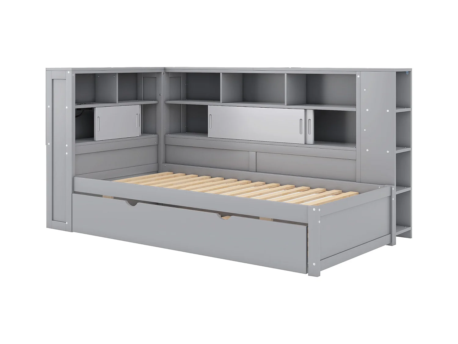 Houten onderschuifbed 90x200cm met USB-oplaadpoorten - omgeven door een cirkel met opbergruimte - Grijs