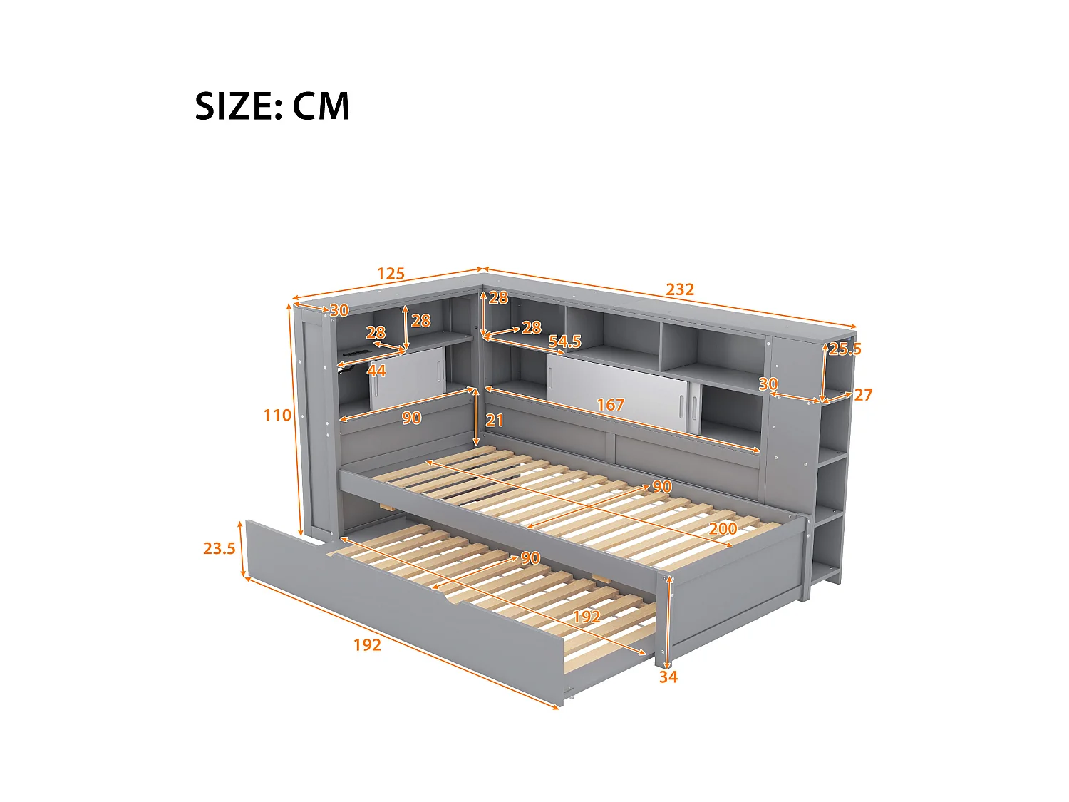 Houten onderschuifbed 90x200cm met USB-oplaadpoorten - omgeven door een cirkel met opbergruimte - Grijs